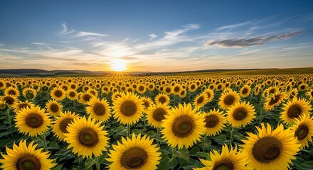 Obraz premium Bright Yellow Sunflower Field Blooming Under Clear Blue Sky at Sunset