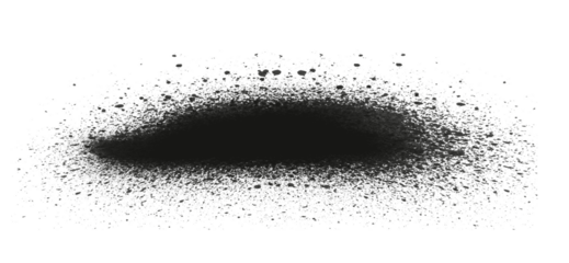 Black spray paint splatter texture isolated on white background. Grunge ink aerosol effect with scattered particles and rough edges. Perfect abstract element for street art, graffiti, or design 