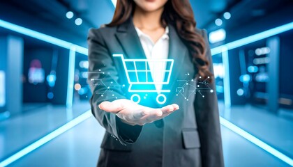 Businesswoman holding glowing shopping cart icon in futuristic environment.