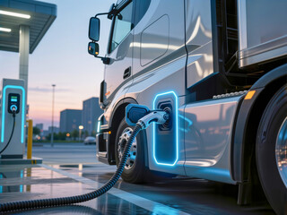 Electric semi truck charging at fast EV station at dusk.