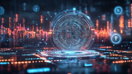 Glowing digital holographic sphere in futuristic environment