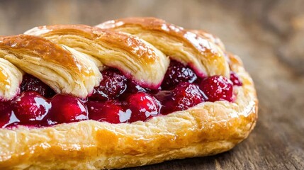 Close-up of a delicate Danish pastry with fruit filling: A detailed shot of a golden Danish pastry filled with vibrant fruits and topped with a glaze, placed on a rustic wooden surface,