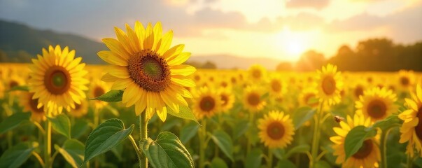 Obraz premium A vibrant field of sunflowers basks in the golden sunlight, a tranquil pastoral scene with buzzing bees and gentle breeze Perfect for summer, nature, and agriculture themes , organic, flowers