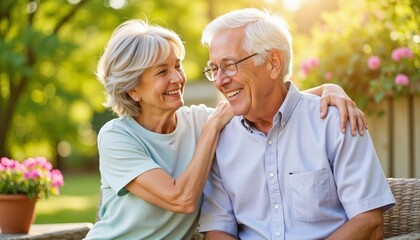 Elderly couple smiling and embracing in garden during daytime, concept of Veterans Day  