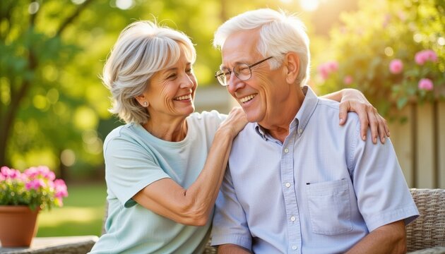 Elderly couple smiling and embracing in garden during daytime, concept of Veterans Day