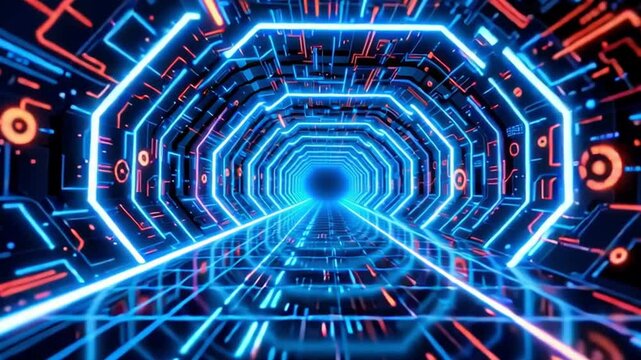 Futuristic tunnel with neon blue and orange lights, digital grid floor, glowing cyber sci fi atmosphere, immersive geometric technology