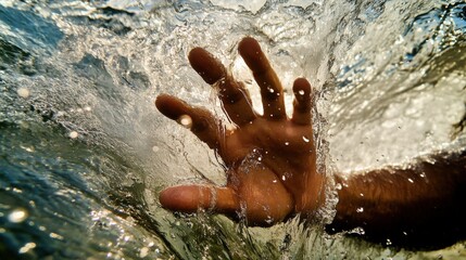 Distressed man reaching out from underwater river during daytime