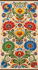 Fototapeta premium Vibrant floral design showcases a symmetrical pattern of stylized flowers and leaves in bold colors on a cream background.