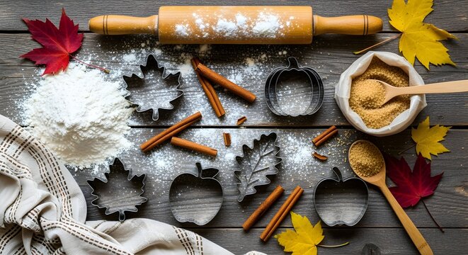 Flatlay of rustic baking scene: spilled flour, cookie cutters, cinnamon sticks, autumn leaves.