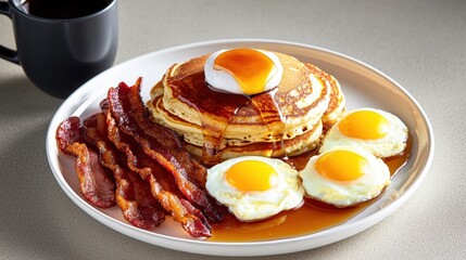 Classic American breakfast plate with pancakes, eggs, and bacon: A hearty breakfast scene with fluffy pancakes topped with syrup, sunny-side-up eggs, and crispy bacon, served on a white plate with a