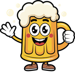 Cute cartoon beer mug character waving hand, smiling face, frothy foam head, wearing shoes, fun beverage mascot, happy drink illustration.