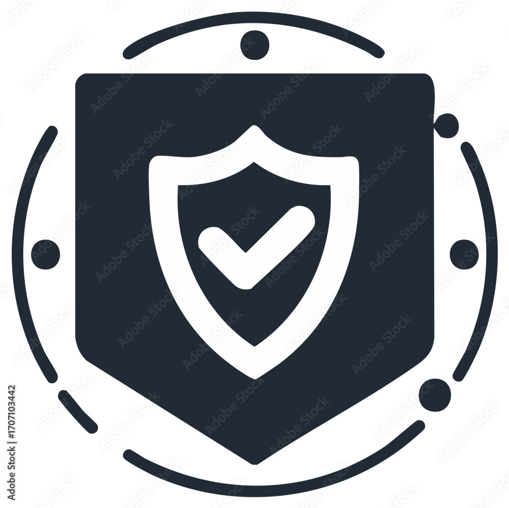 Poster digital security shield icon with checkmark and surrounding network data protection lines