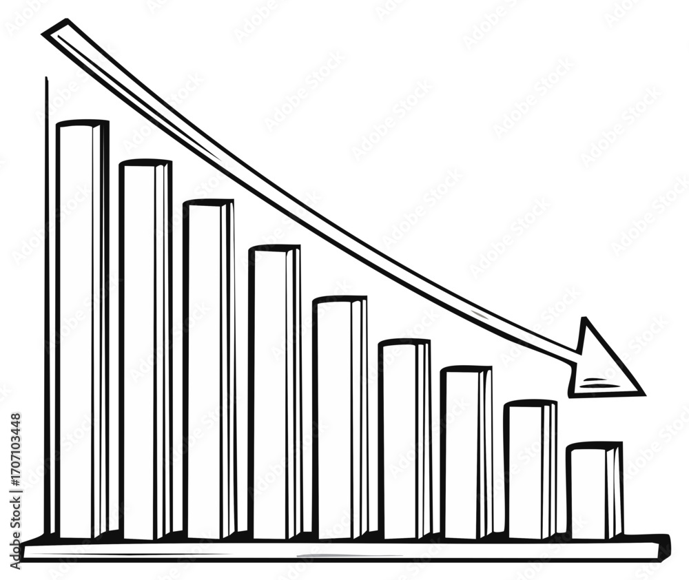 Poster hand drawn bar graph showing a downward trend with an arrow indicating decline
