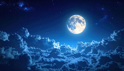 A bright, full moon is centered above a layer of billowy, ethereal clouds under a dark blue star-filled night sky