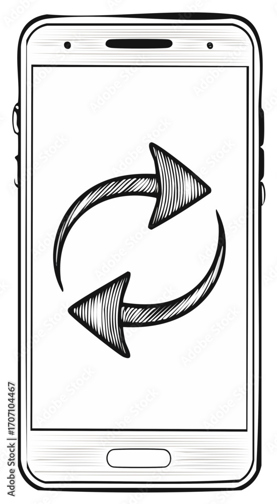 Poster smartphone screen with arrows indicating refresh, update, or load in sketch style.