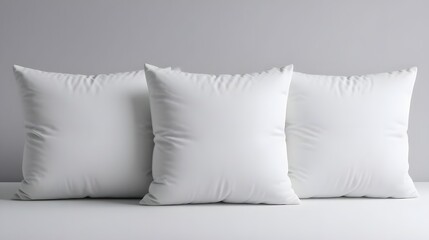 Three stylish white pillows aligned against gray backdrop, perfect for elegant home decor mockups