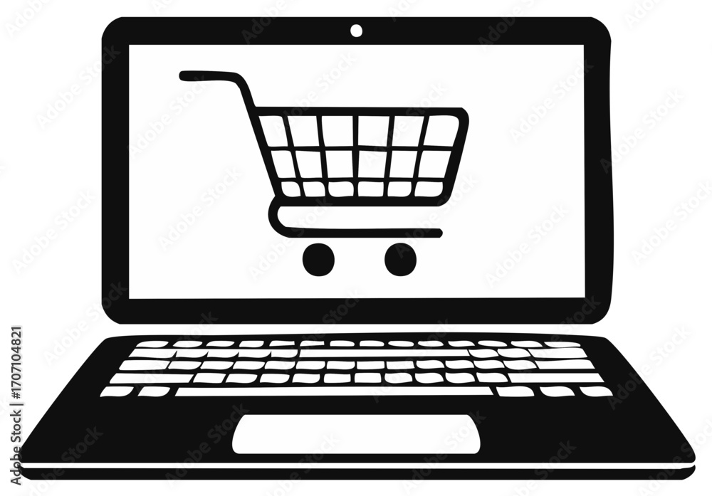 Poster laptop computer displaying shopping cart for online commerce transaction