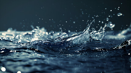 Water splashes with droplets and bubbles on blue and black backgrounds, showing fresh liquid motion
