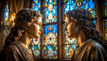 Two angels facing each other, illuminated by stained glass