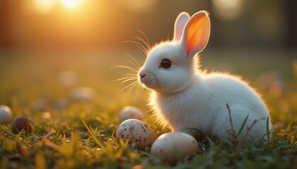 Rabbit sitting in grassy field with colorful eggs at sunset
