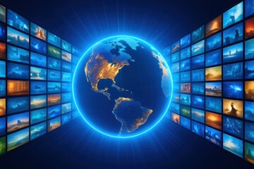 Global Data Connectivity: A captivating visual showcasing the Earth at the center, illuminated by a vibrant network of interconnected screens, symbolizing the seamless flow of data across the globe.
