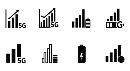 5G Technology Icons Set with Charts and Battery