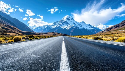 Asphalt road leads towards distant snow-capped mountain peaks under a bright blue sky with light clouds