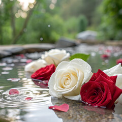 Fresh white and red roses floating in water with a serene background.
