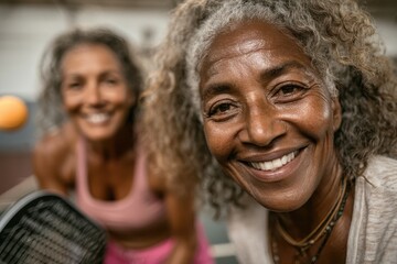 Fototapeta premium Two joyful women enjoying a game of pickleball on an indoor court