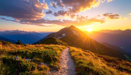 A mountain trail leads to a peak bathed in golden sunlight, a vista of layered ranges under a vibrant sky
