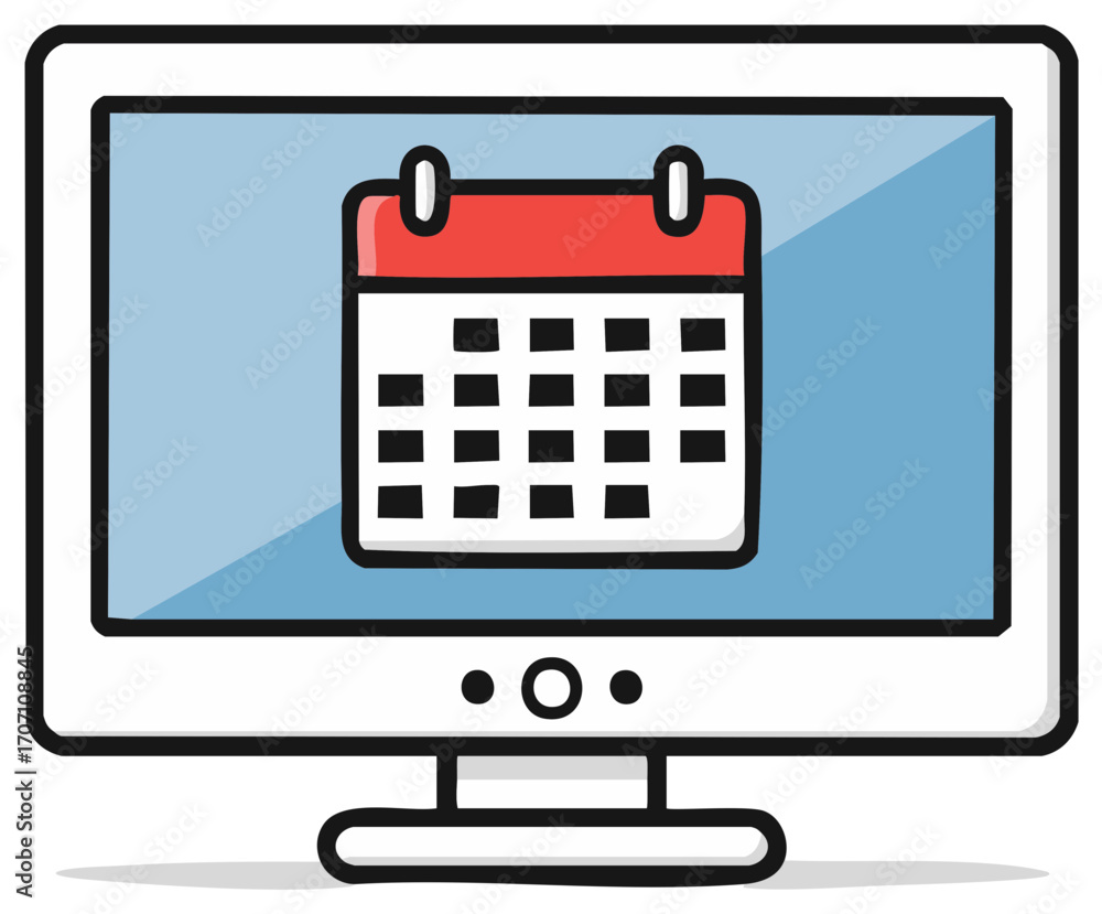 Poster cartoon computer monitor with a calendar icon on the screen for online scheduling and planning