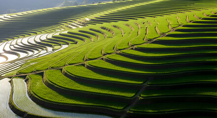 Stunning green rice terraces glistening with water in the morning sun, a beautiful landscape