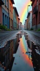 Obraz premium A vibrant rainbow arches above a quiet street, reflected in puddles between colorful buildings.