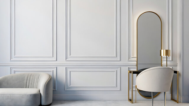 Modern parisian style living space with molding on wall and poster frame  