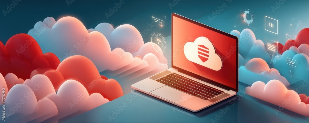 Poster Digital illustration of cloud security with an open laptop and colorful clouds