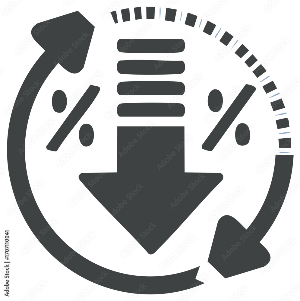 Poster financial percentage reduction cycle icon with downward arrow showing decreased value and continuous