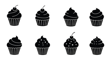 Eight Simple Black and White Cupcake Icons