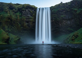 Obraz premium Lone Hiker Contemplates Majestic Waterfall in Twilight Iceland