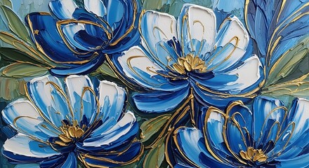Vibrant blue and white flowers with golden accents, displayed in a textured, painterly style.