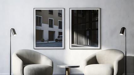 Neutral beige interior with rounded armchair and large framed poster wall  