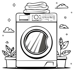 Front loading washing machine with folded clean clothes and potted plants in a cheerful doodle line art style