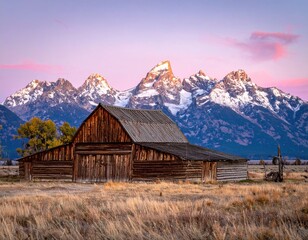 Obraz premium Aged brown barn sits in a field of dry grass, with snow-covered mountains under a pink sky in the background