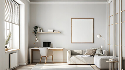 Neutral home office and lounge combo with soft seating and wall poster mockup  