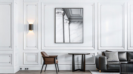 Poster mockup hanging above leather sofa with wooden table in living room  