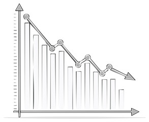 Hand-drawn gray diagram showing downward trend, business concept for decline, loss, crisis and recession with bar graph