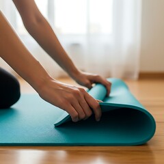 Fototapeta premium Rolling Up a Yoga Mat After Exercise at Home