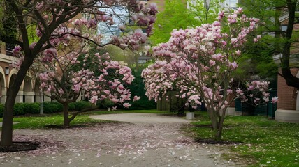 Magnolia blossoms with brick building