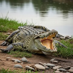 Obraz premium Powerful Crocodile on Riverbank with Mouth Wide Open, Revealing Teeth and Intricate Scales Against a Serene Water Background