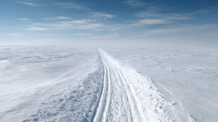 Journey across endless snowfield landscapes with ski tracks Cutting through vast white expanses under soft sunlight reveals winter travel adventure depicting cold serene scenery
