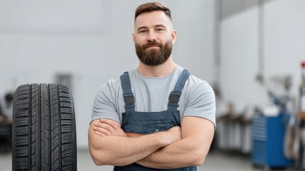 Fototapeta premium Confident Mechanic with Beard in Workshop Standing Next to Tire, Showcasing Automotive Skills and Expertise in Vehicle Maintenance and Repair